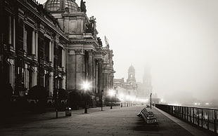 black steel fence, monochrome, Dresden, cityscape, lights