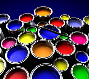 assorted-color paint can lot, colorful, painting, paint can, paintbrushes