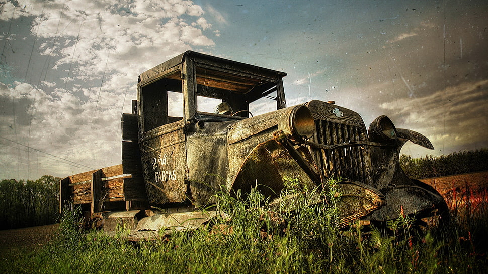 rusted single cab truck on farm HD wallpaper