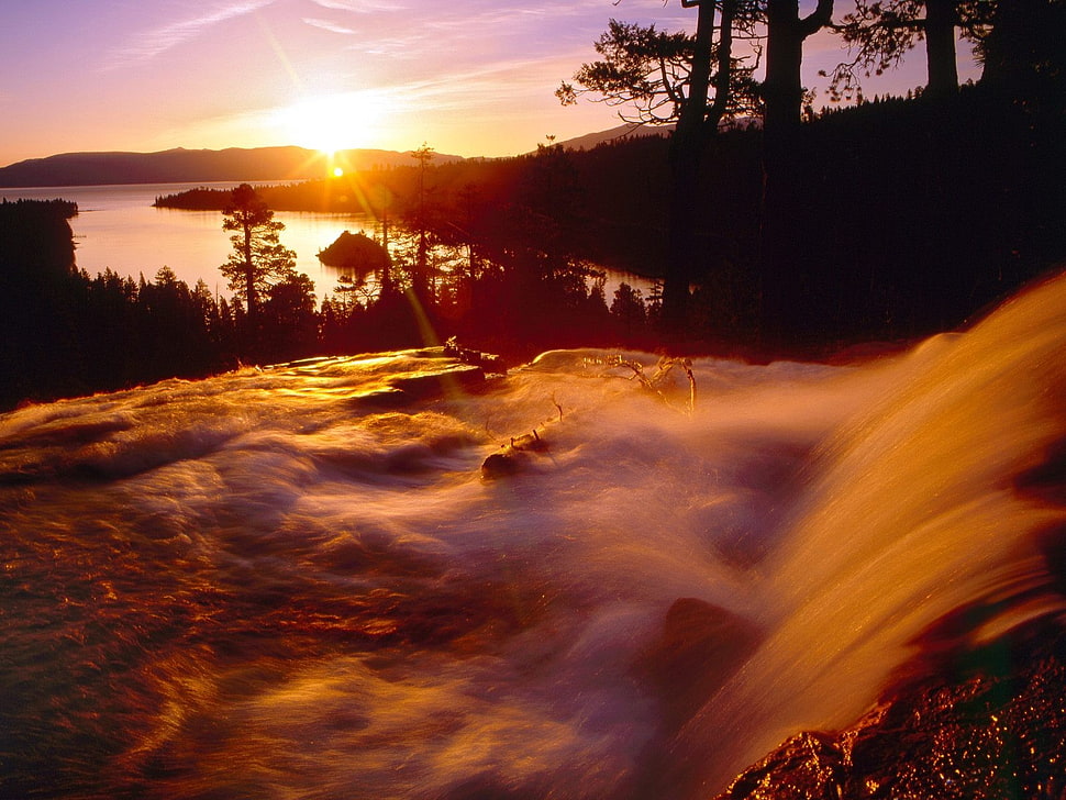 waterfalls and trees, sunset HD wallpaper