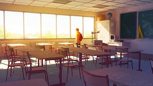 rectangular brown wooden table with four chairs dining set, school, anime, alone, Empty class