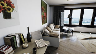 brown wooden framed white padded sofa set, room, Archviz
