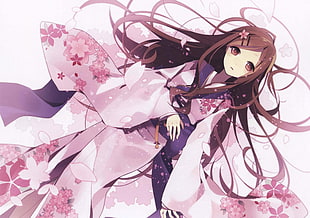 long brown-haired woman anime character graphic wallpaper