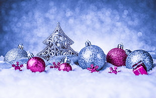 three purple and three gray baubles, Christmas ornaments , closeup, winter