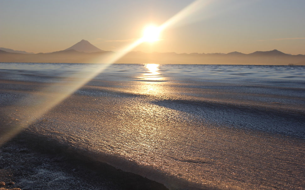 beach shore during dusk HD wallpaper