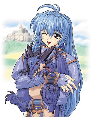 blue haired girl anime character holding blue dinosaur