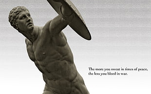 man holding shield statue, quote