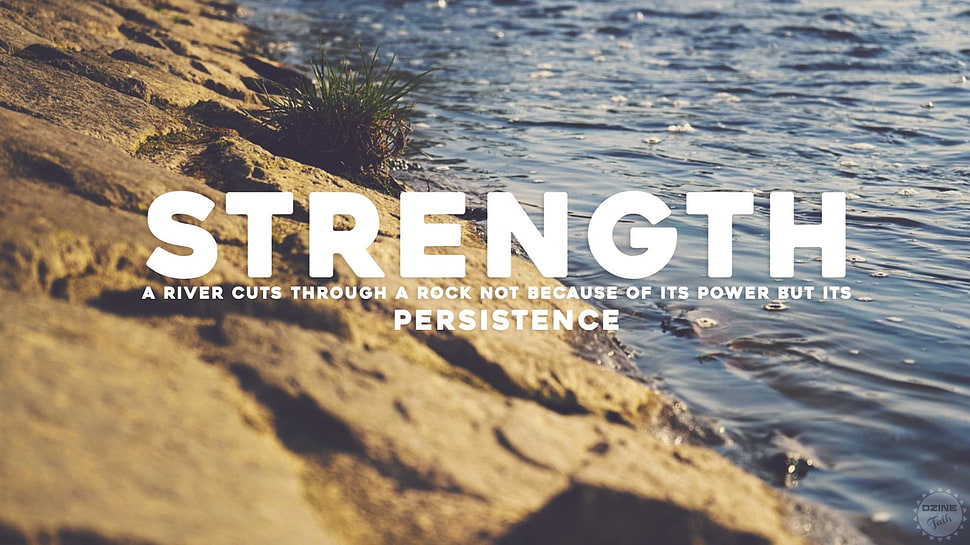 strength text on body of water background, water, rock, blue, brown HD wallpaper