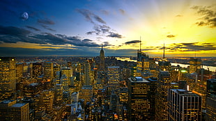 high angle photo of city, city, urban, New York City, sunset HD wallpaper