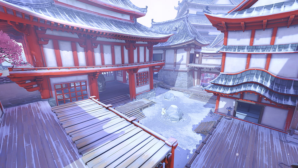 red and gray temple graphic, Hanamura (Overwatch), Overwatch, Christmas HD wallpaper