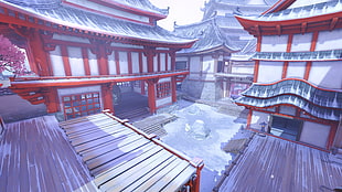 red and gray temple graphic, Hanamura (Overwatch), Overwatch, Christmas