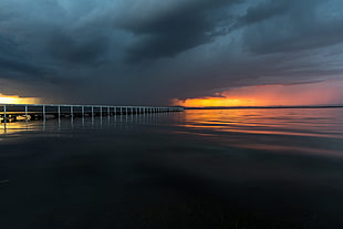 black and gray bridge, landscape, bridge, water, clouds