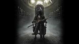 man holding sword sitting on chair wallpaper, Bloodborne HD wallpaper