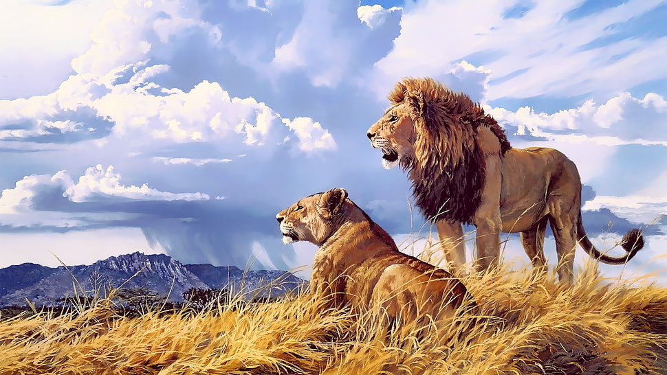 lion and lioness, lion, feline, artwork, landscape HD wallpaper