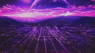 purple planet, Retro style, scanlines, city, planet HD wallpaper