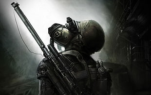 soldier wearing gas mask, night vision goggles, sniper rifle, and backpack