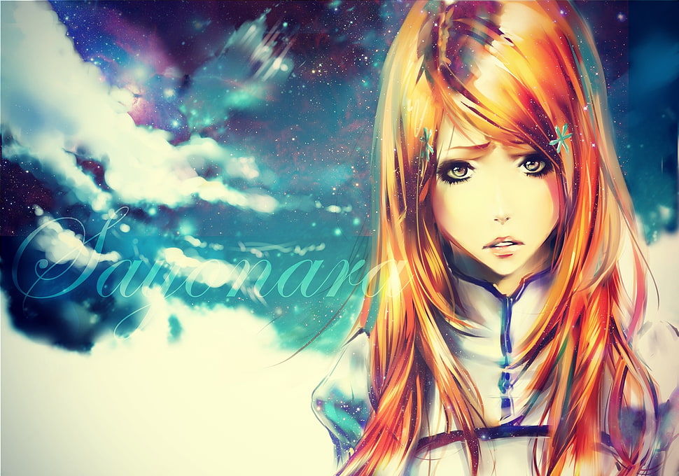 orange haired girl anime character poster HD wallpaper