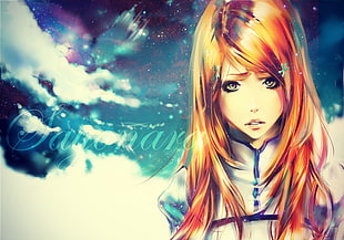 orange haired girl anime character poster