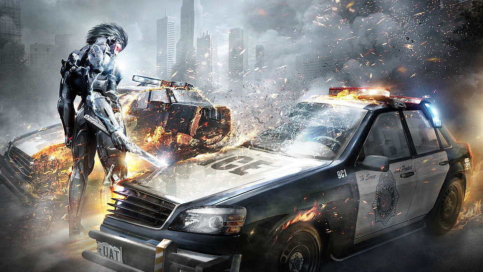 two police car burning video game application screenshot, Metal Gear Rising: Revengeance, video games HD wallpaper