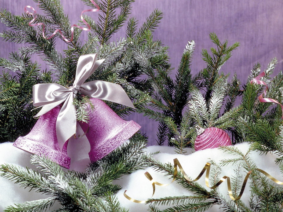 pine with pink bauble and bell over snow ground HD wallpaper