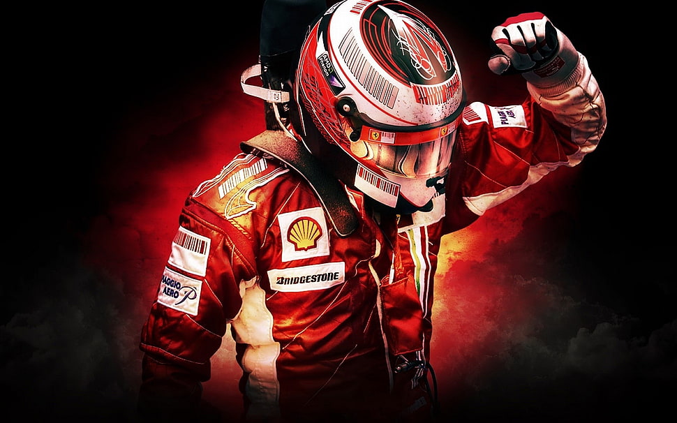 man wearing red and white racing jacket and helmet, Formula 1, Ferrari, men, red HD wallpaper