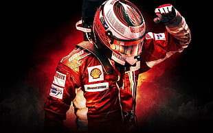 man wearing red and white racing jacket and helmet, Formula 1, Ferrari, men, red