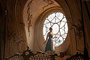 woman wearing blue and white dress near window digital wallpaper