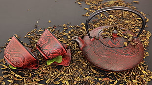 red teapot with two cups on brown leaves