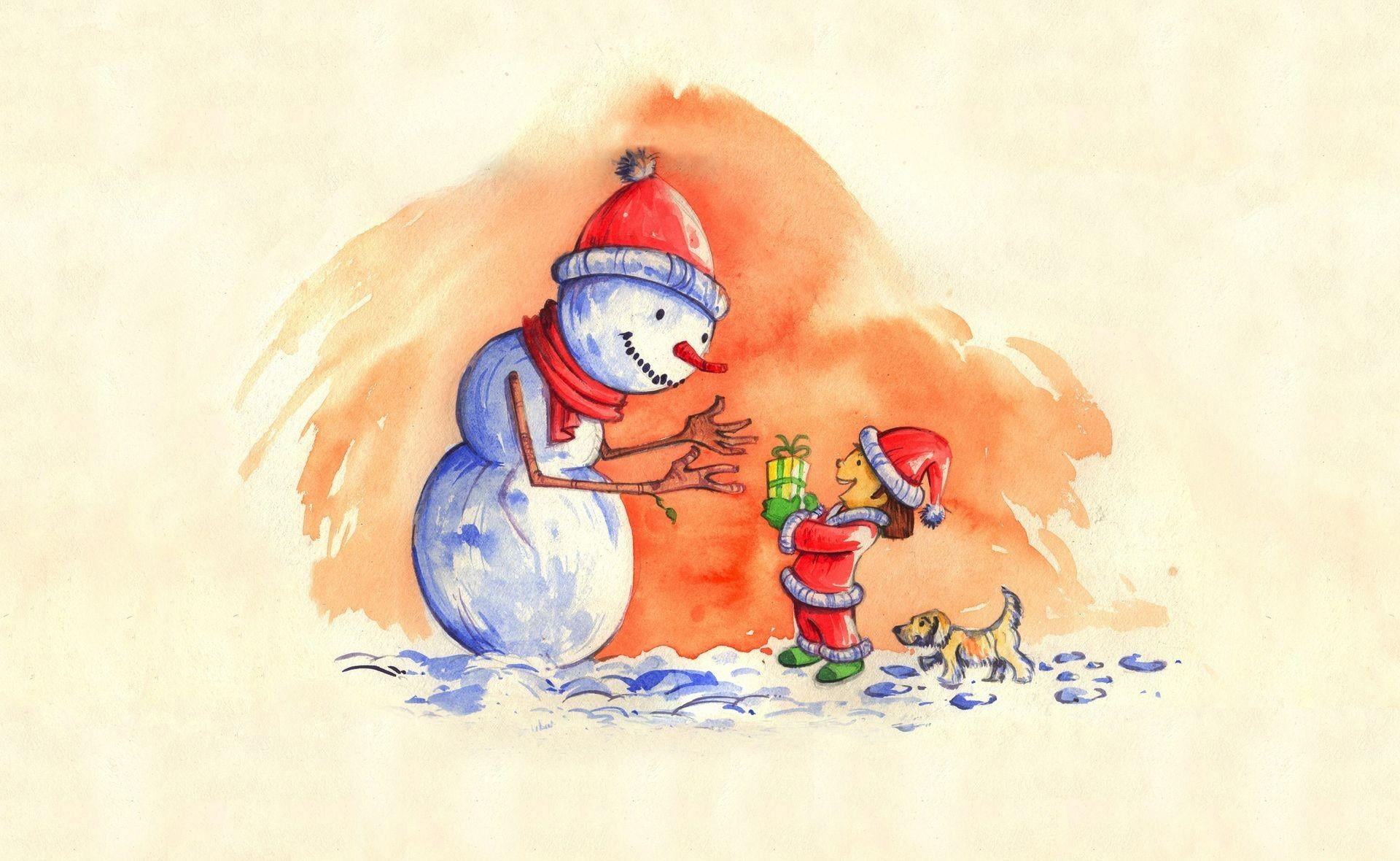 Snowman and Boy with dog wallpaper