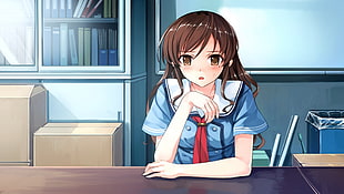 brown-haired female anime character wearing blue school uniform