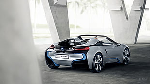 silver convertible sports coupe, BMW i8, car HD wallpaper