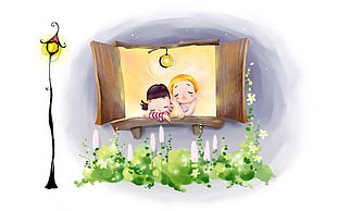 two girls on window with flowers illustration