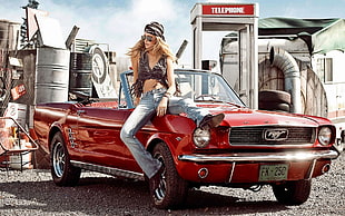 classic red Ford Mustang convertible coupe, car, Ford Mustang, women, old car