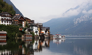 landscape, mountains, houses, water