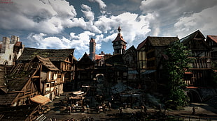 houses and tree wallpaper, The Witcher, The Witcher 3: Wild Hunt, marketplace HD wallpaper