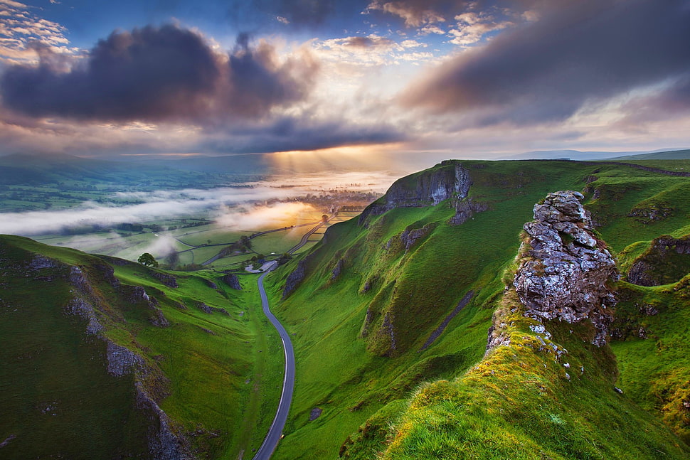 gray mountain pass, road, valley, sunset, clouds HD wallpaper
