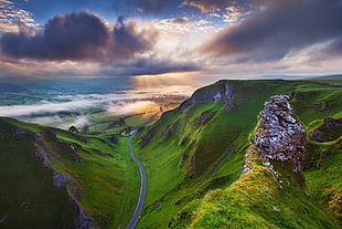 gray mountain pass, road, valley, sunset, clouds