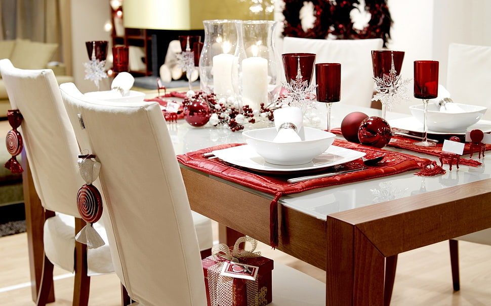 brown wooden table with dinnerware set HD wallpaper