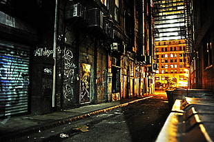 black and white wooden cabinet, street, graffiti, city, night