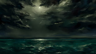 body of water painting, clouds, artwork, digital art, nature
