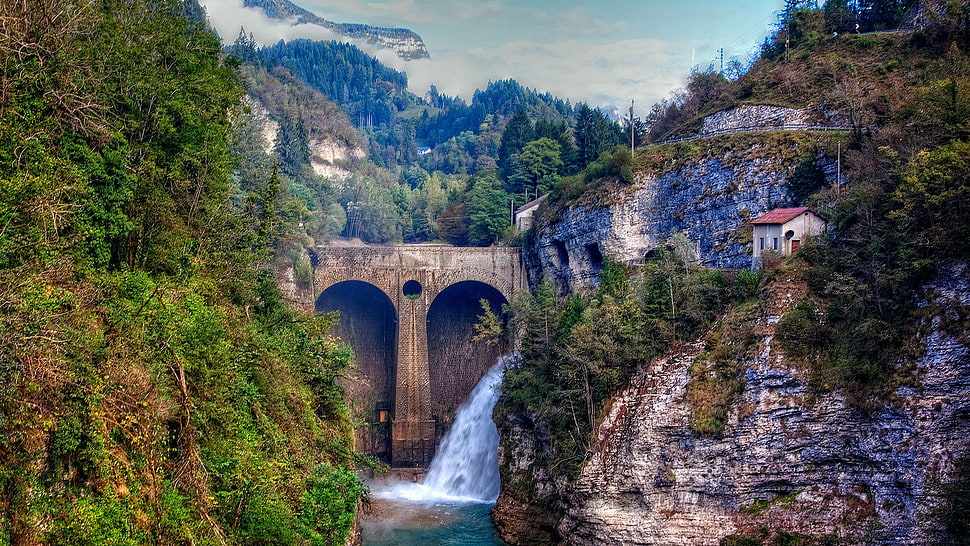 bridge with falls surrounded by trees, architecture, bridge, nature, landscape HD wallpaper