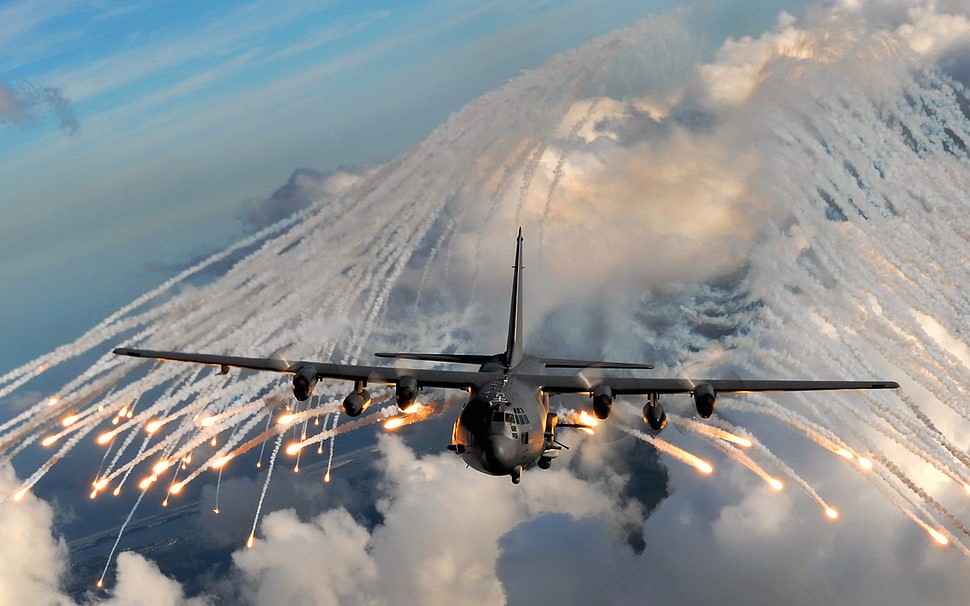 black military aircraft illustration, aircraft, flares, military aircraft HD wallpaper