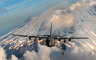 black military aircraft illustration, aircraft, flares, military aircraft HD wallpaper