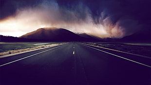 black concrete road, road, mountains, filter, digital art