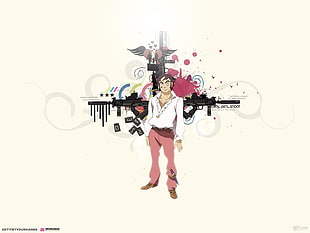 man in white long-sleeved top and pink pants anime illustration