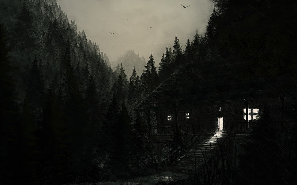 brown cabin surrounded by trees painting, house, fantasy art, spooky, artwork HD wallpaper