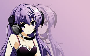 purple haired girl with corded headphones Anime illustration HD wallpaper