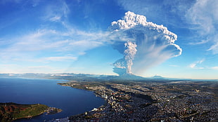 aerial view of erupting volcano