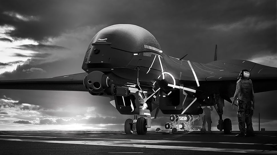 greyscale photo of plane, monochrome, drone, digital art, aircraft HD wallpaper