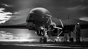 greyscale photo of plane, monochrome, drone, digital art, aircraft